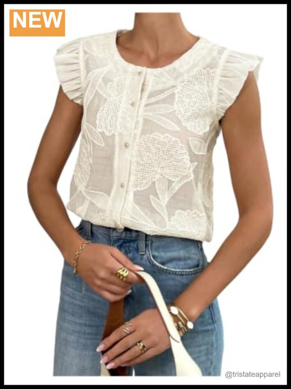 Ruffle Cap Sleeve Embroidered Jacquard Blouse Button Up